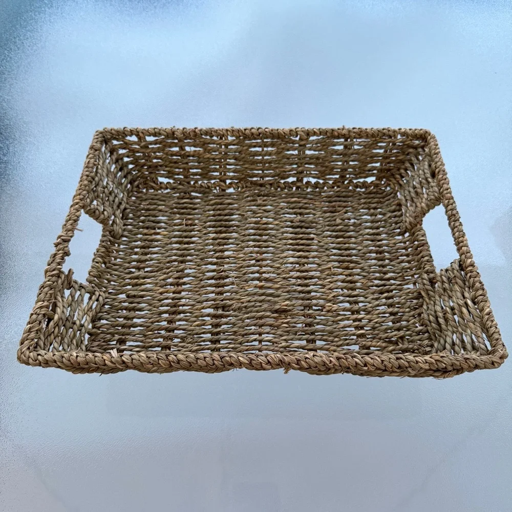 Rectangular Woven Seagrass Shallow Storage Basket Serving Tray